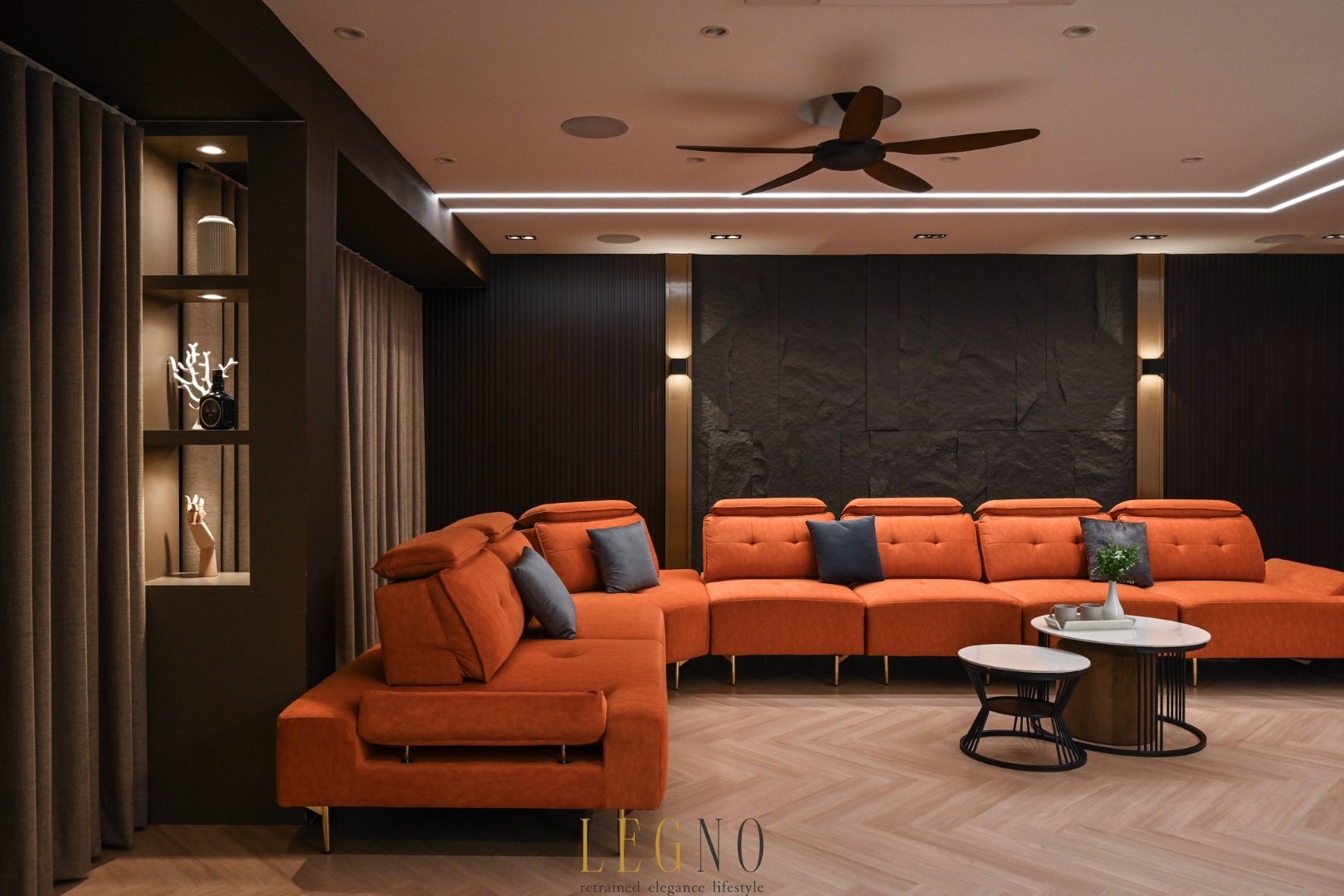 Modern Semi-D living room interior with cozy lighting and contemporary decor in Taman Bukit.
