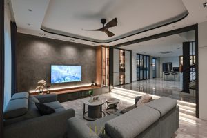 Modern Semi-D living room interior with cozy lighting and contemporary decor in Taman Bukit.