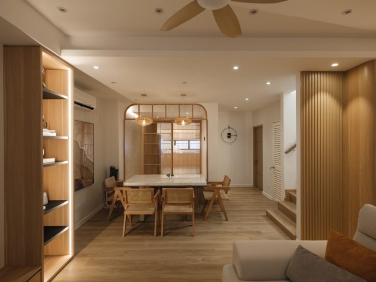 Minimalist terrace house interior design with open-concept Zen aesthetics.