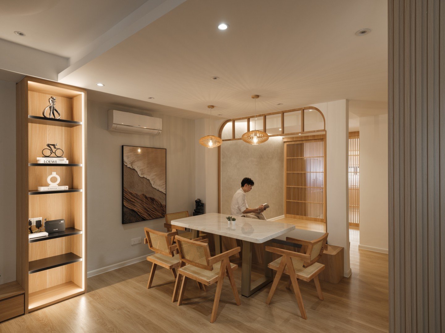 Minimalist terrace house interior design with open-concept Zen aesthetics.