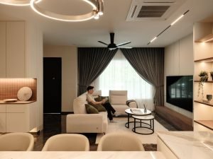 Modern cozy luxury living room interior at Tierra Residence Penang by Legno ID.
