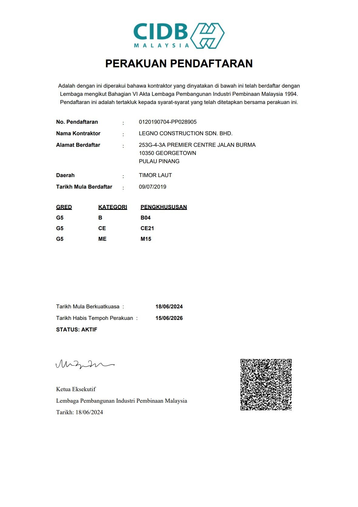 Legno Interior CIDB G5 certification, highlighting the legal compliance of this Penang interior design and build firm.