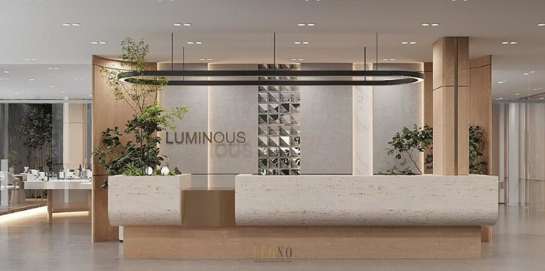 Scandinavian-style commercial office design featuring warm wood panels and natural daylight.