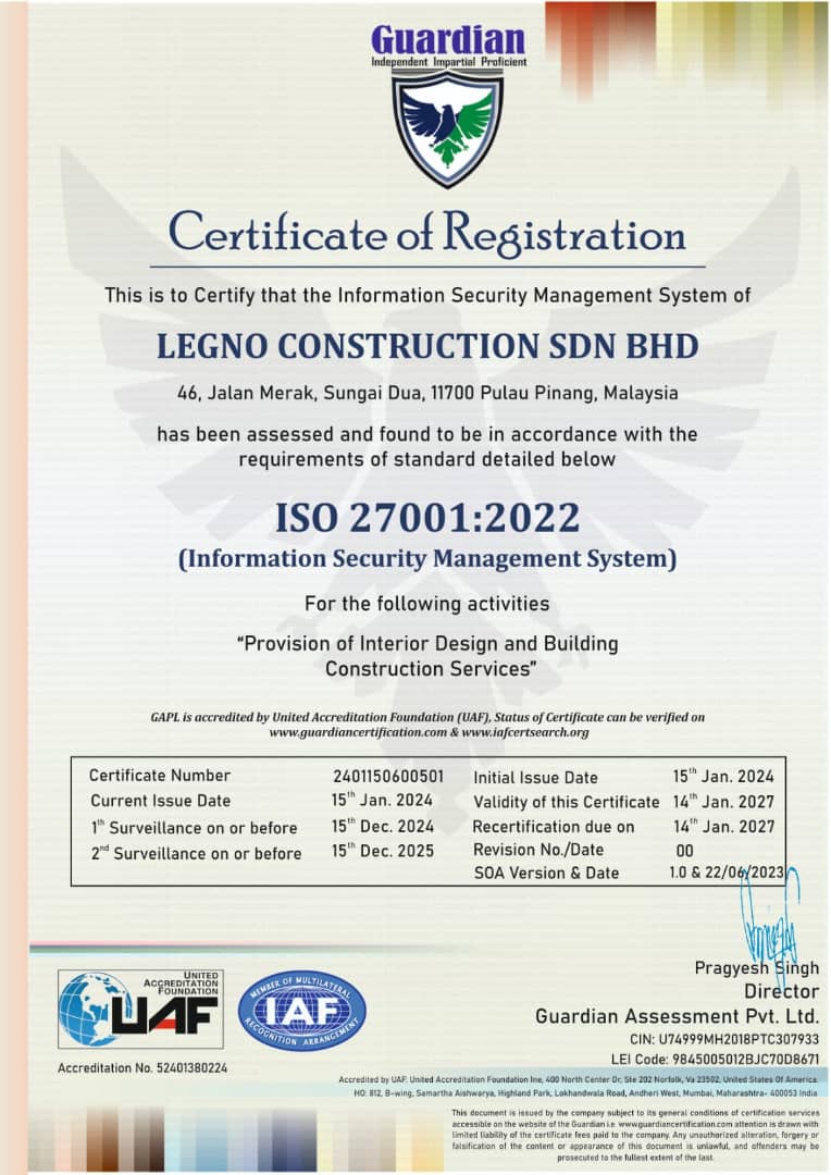ISO 27001 Information Security Management certification for Legno Interior, a leading Penang interior design company.