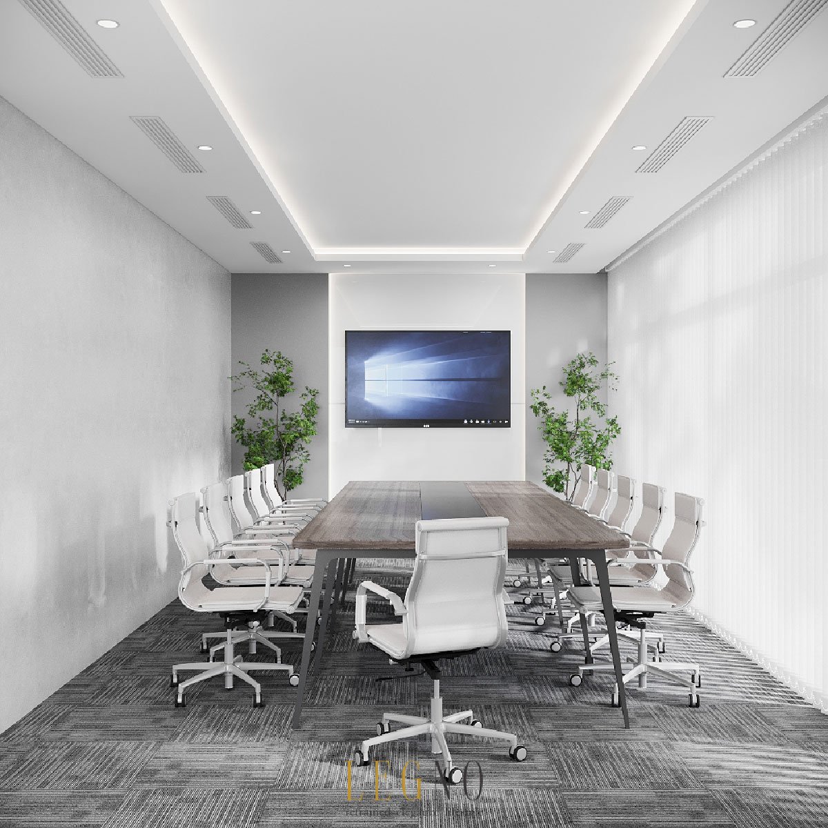 Professional corporate meeting room with minimalist glass partitions and contemporary decor.