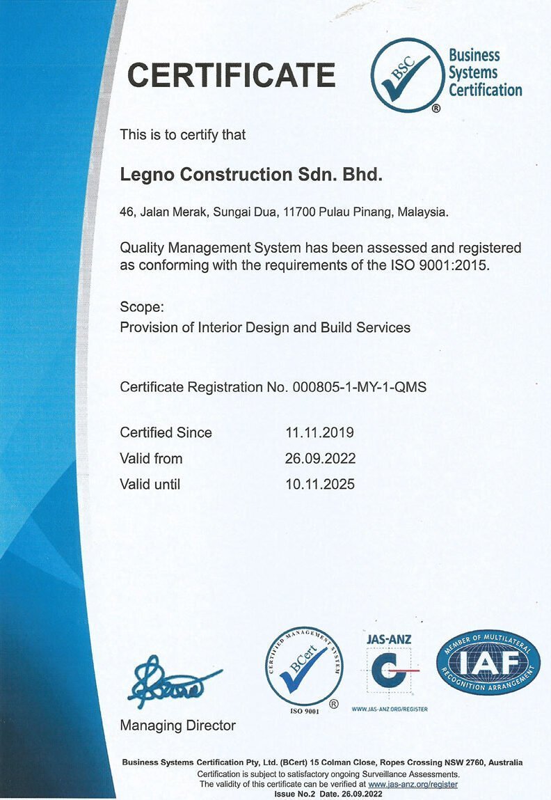 Legno Interior ISO 9001 Quality Management certificate, a leading Penang interior design firm.